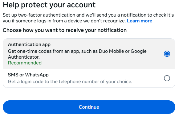 Instagram’s two-factor setup screen